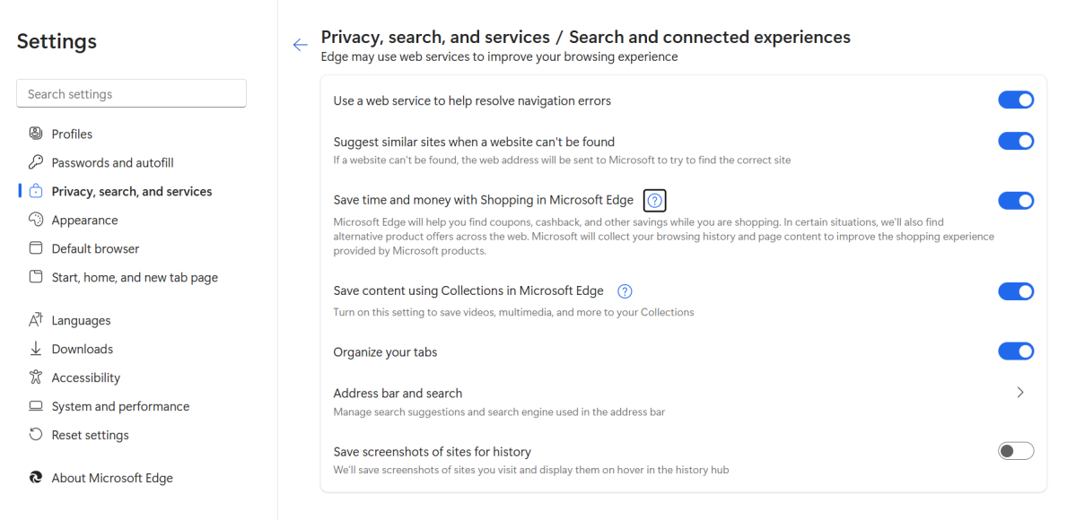 Microsoft Shopping Settings