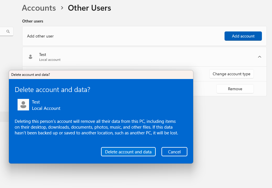 Microsoft delete local account