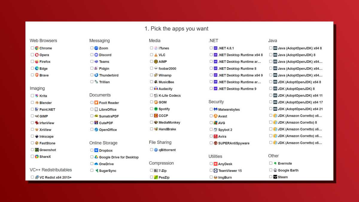 Ninite app selection overview screenshot
