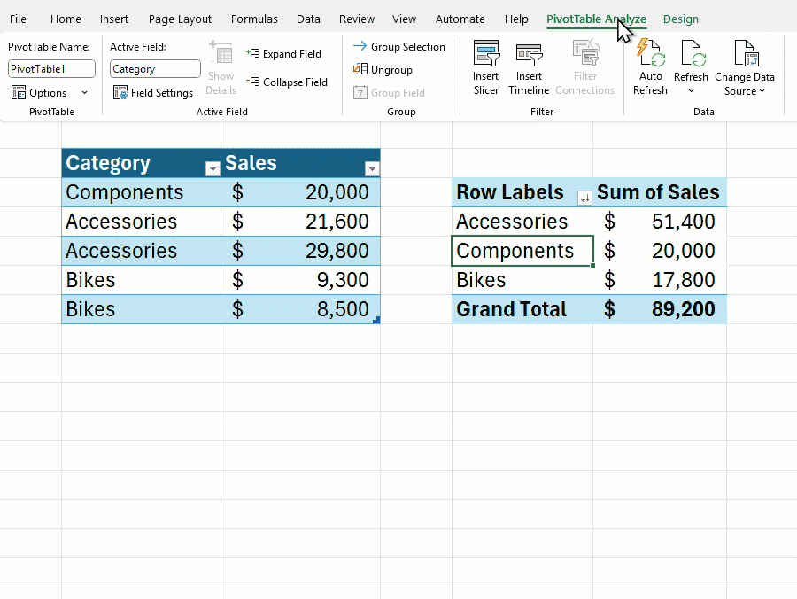 Microsoft Excel pivot table refresh gif