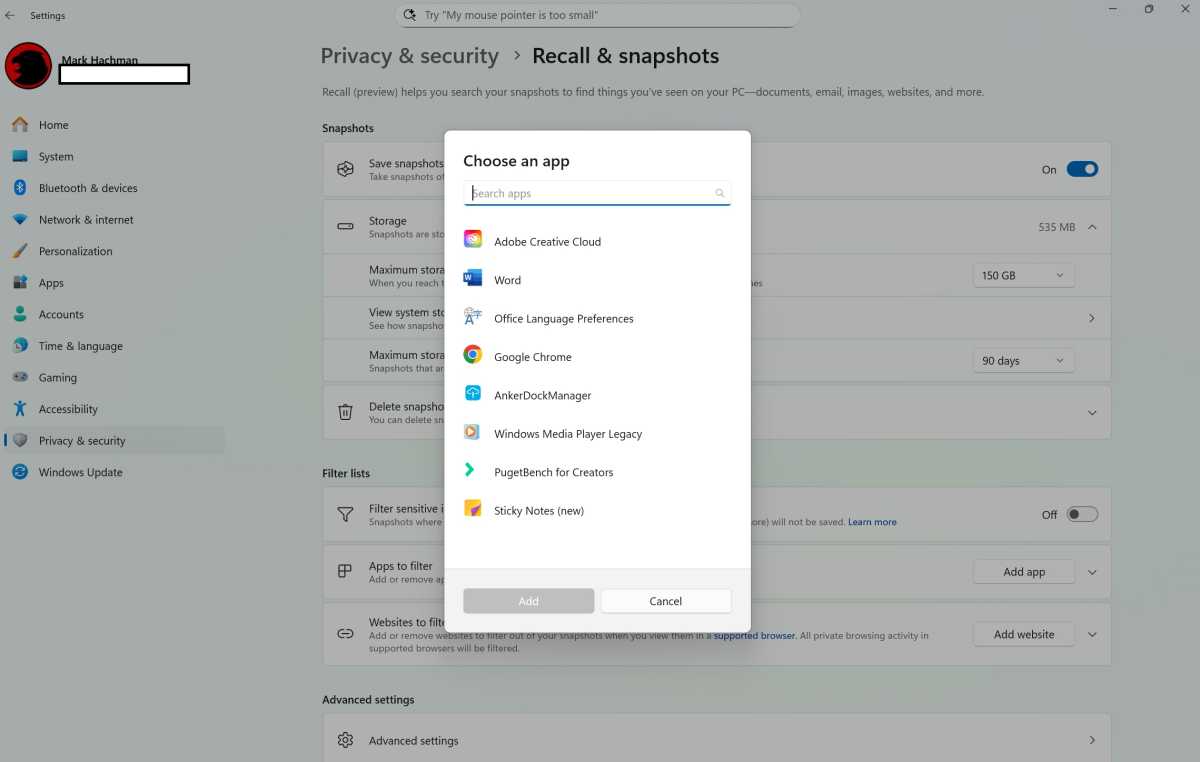 Microsoft Recall app blocking
