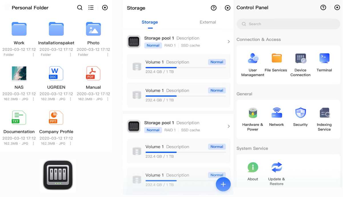 UGREEN NAS app screens