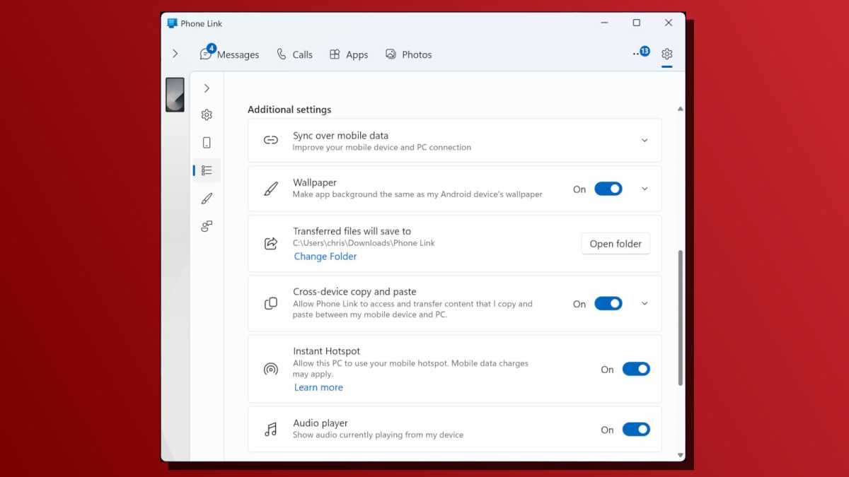 Windows Phone Link features screenshot