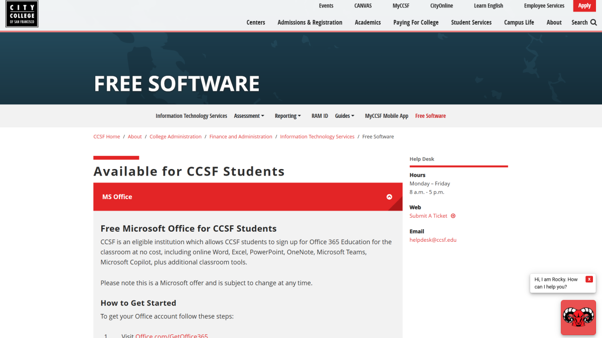 CCSF Free Software webpage showing free Microsoft Office