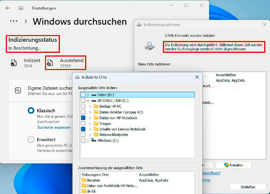 Die Desktopsuche berücksichtigt auch externe und Netzwerklaufwerke. Die Indizierung großer Datenmengen aber kann dauern, Windows weist gleich mehrfach darauf hin.