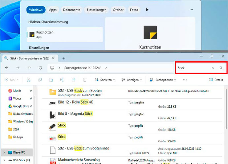 Während die Windows-Suche über das Startmenü häufig nicht zum Ziel führt (ganz oben), findet die klassische Suche über den Datei-Explorer die gewünschten Dateien in aller Regel schnell und zuverlässig.