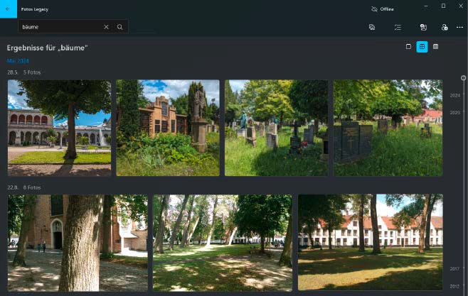 Die Windows-App Microsoft Fotos Legacy analysiert Bilder, verschlagwortet Inhalt und Motive automatisch und bietet darüber eine schnelle Suchfunktion.