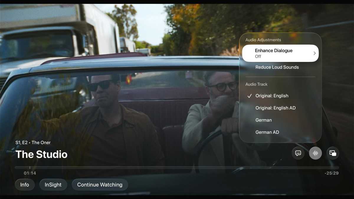Video player showcasing elements of Apple's Liquid Glass design, including frosted pop-up menus