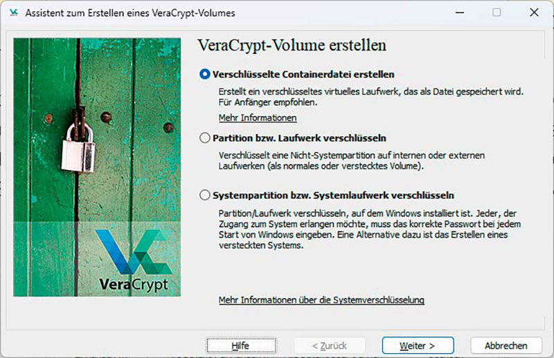 Veracrypt kann komplette Laufwerke verschlüsseln, aber auch einen verschlüsselten Container in Form eines virtuellen Laufwerks anlegen. Darin lassen sich Dateien und Ordner sicher speichern.