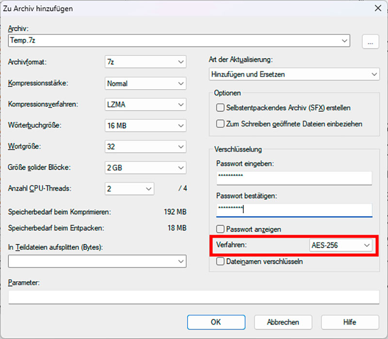 Mit dem Packprogramm 7-Zip können Sie ZIP-Dateien auch sicher verschlüsseln. Achten Sie darauf, dass als Verschlüsselungsverfahren AES-256 eingestellt ist.