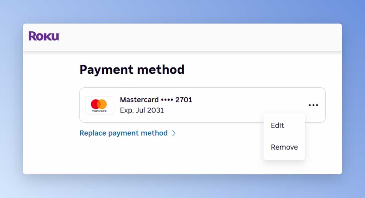 Removing a payment method from Roku's account page.