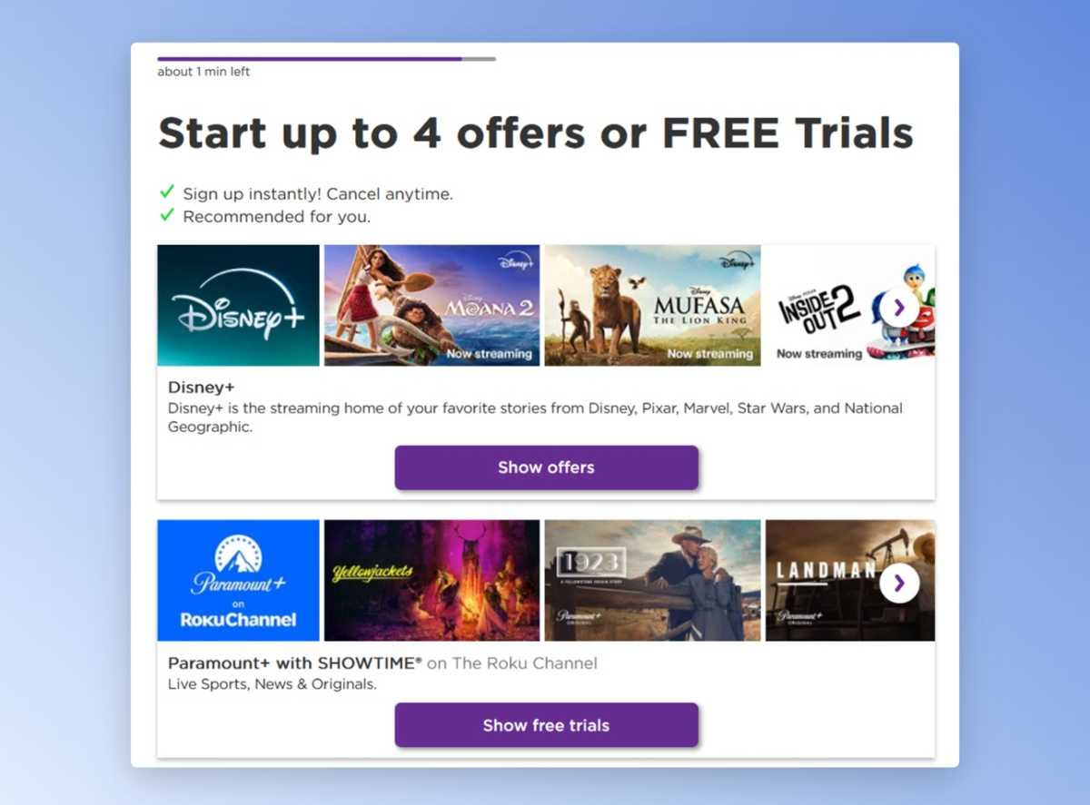 Roku setup screen showing various trial offers.