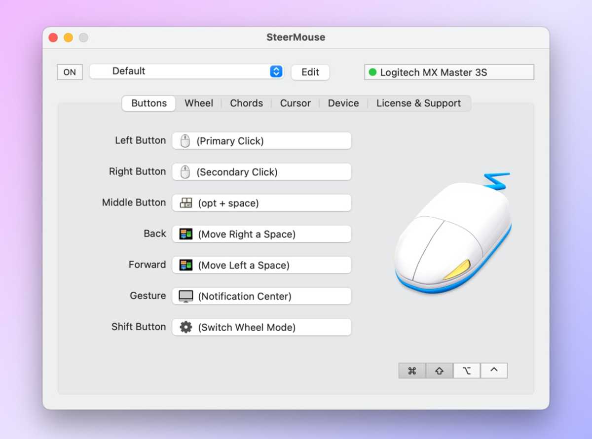 Pantalla de configuración de Steermouse