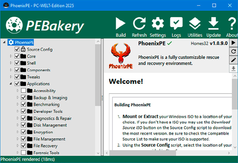 Rettungssystem zusammenstellen: Phoenix PE erstellt ein Mini-Windows mit zahlreichen Tools und Programmen. Sie können auswählen, was enthalten sein soll.