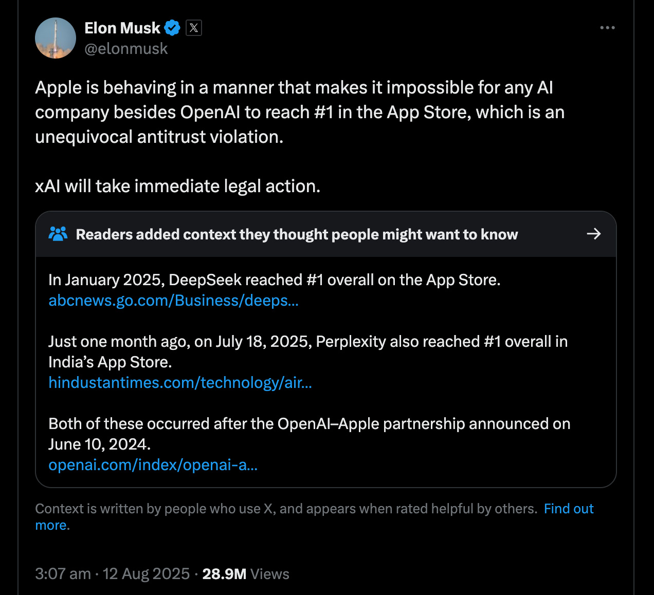 Elon Musk tweet about Apple and OpenAI