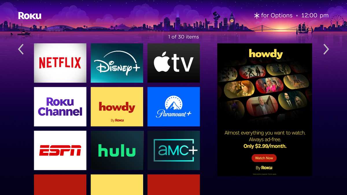 Roku home screen with Howdy app tile