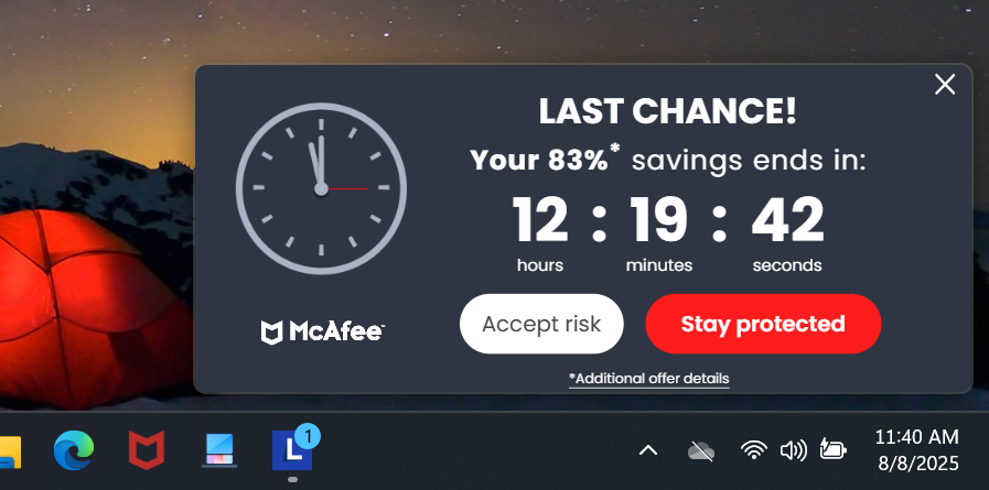 McAfee antivirus warning message last chance screenshot