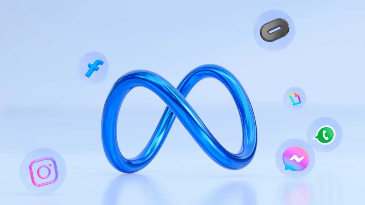 Meta logo with icons for Facebook Instagram WhatsApp Messenger Quest