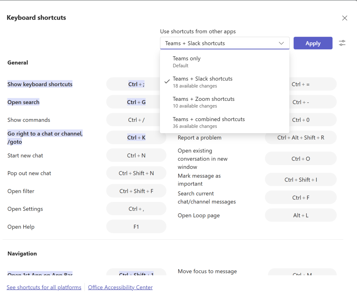 Microsoft Teams feature customizable keyboard shortcuts screenshot