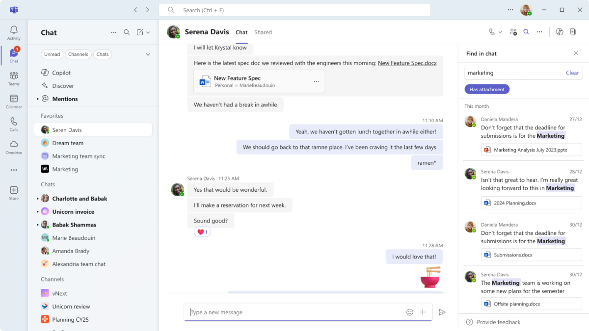 Microsoft Teams feature filter messages with files screenshot