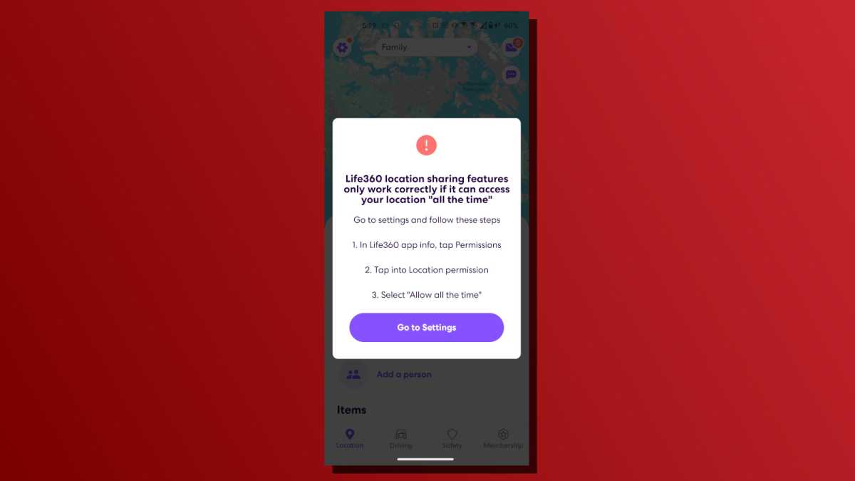 Tile tracking app with Life360 location feature message screenshot