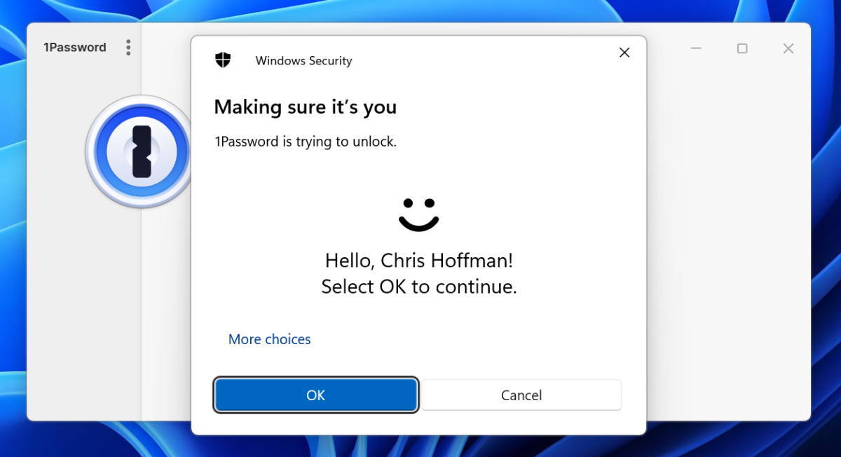 Windows Hello for 1Password screenshot