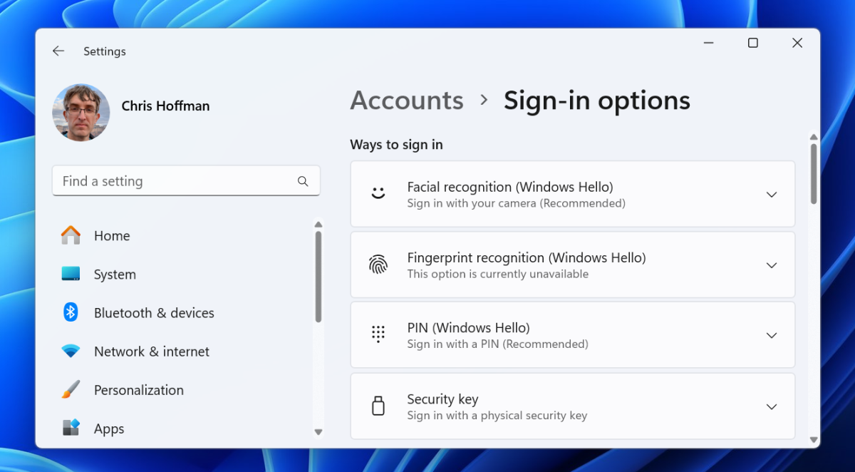 Windows Hello in Windows Settings screenshot