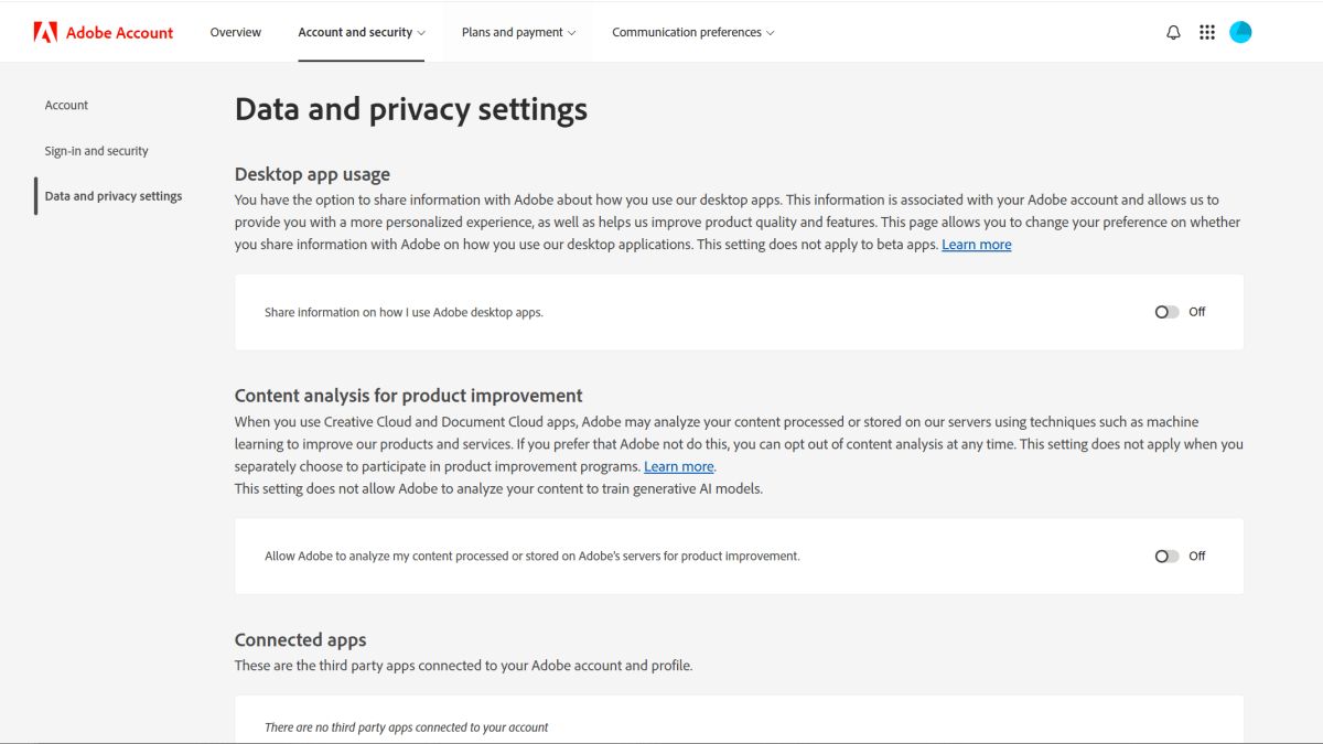Data and privacy settings in Adobe website