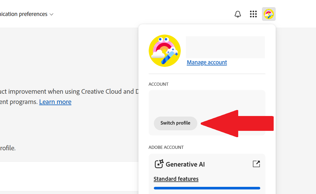 Switch profile option within the Adobe website