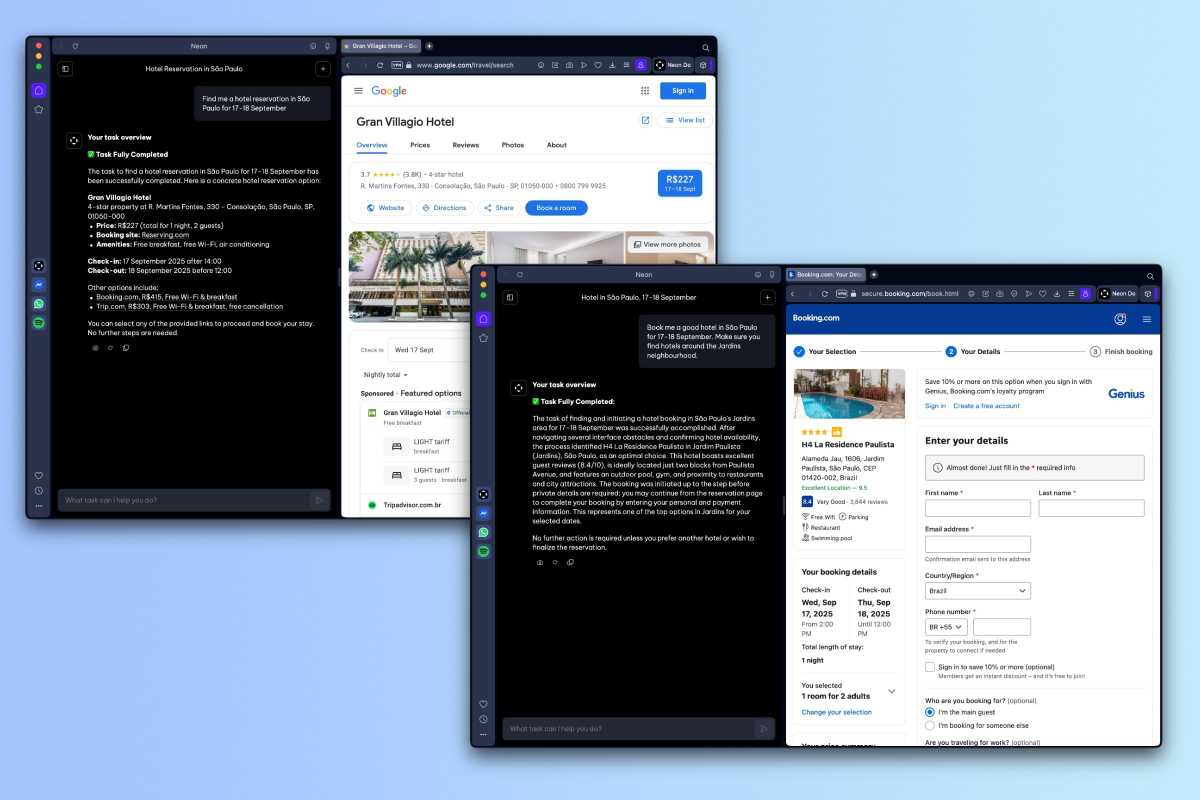 Opera Neon browser with two different requests asking to book a trip to san Paolo, Brazil