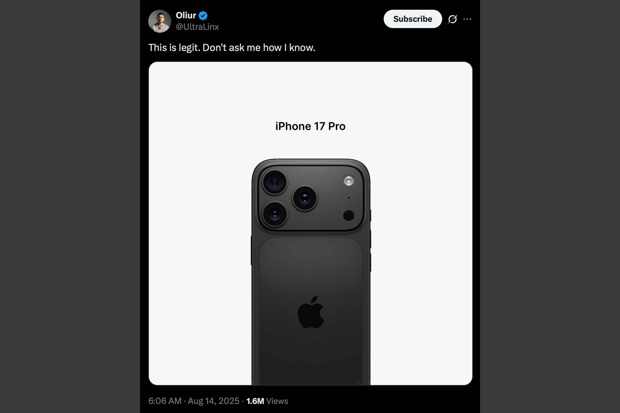 iPhone 17 Pro leaked image from Oliur (@UltraLinx) on X
