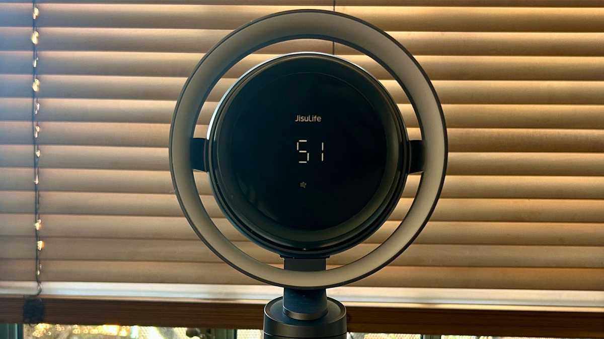 Close-up of the fan head, showing the temperature display