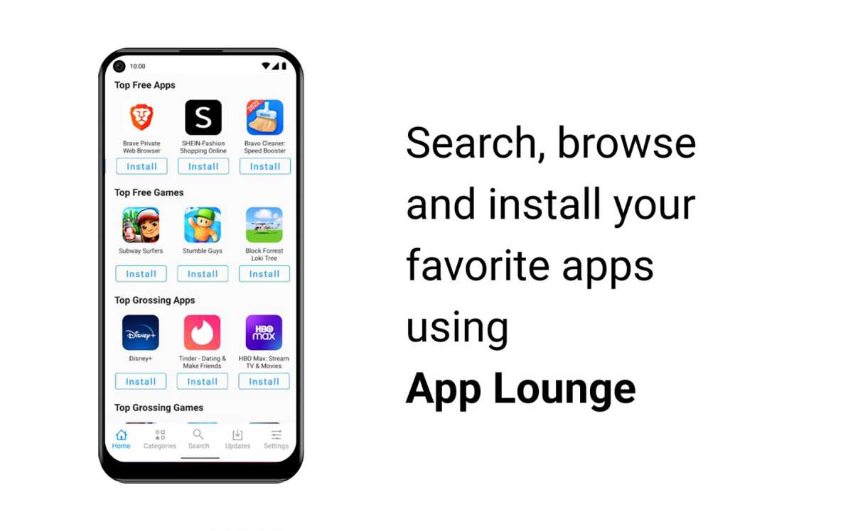 Die App-Lounge bietet drei Möglichkeiten, um auf den Play Store zuzugreifen: Wie unter Android mit einem Google- Konto, im anonymen Modus oder beschränkt auf freie Apps.