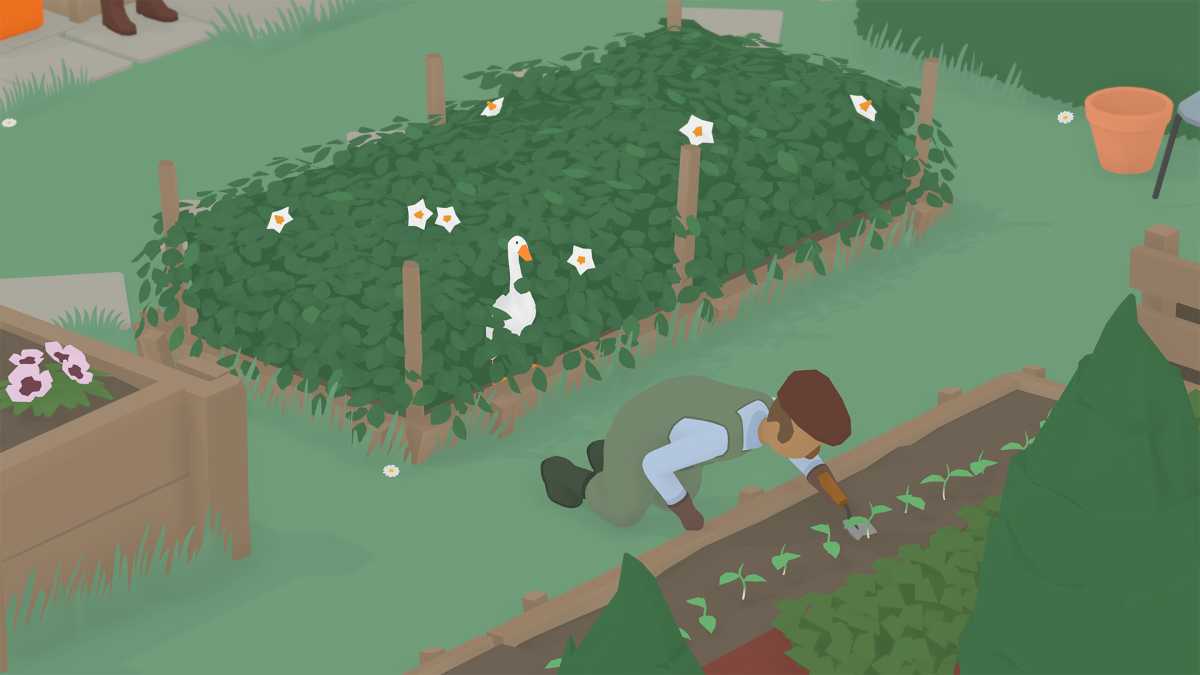 Untitled Goose Game - Goose staring at gardener from bushes