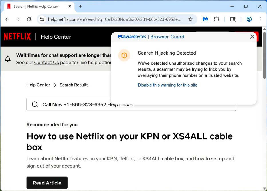 Hier haben Kriminelle auf der echten Support-Website von Netflix ihre eigene Telefonnummer eingefügt. Wer dort anruft, gibt seine Daten preis und riskiert im schlimmsten Fall, sich einen Trojaner einzufangen.