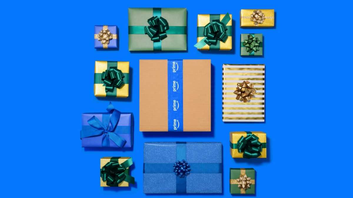 An Amazon box surrounded by gift wrapped presents
