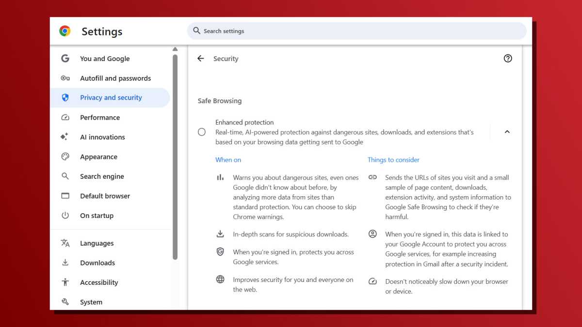 Chrome browser security settings for Enhanced Safe Browsing
