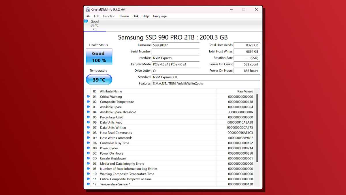 CrystalDiskInfo drive specs for Samsung 990 PRO 2TB SSD screenshot