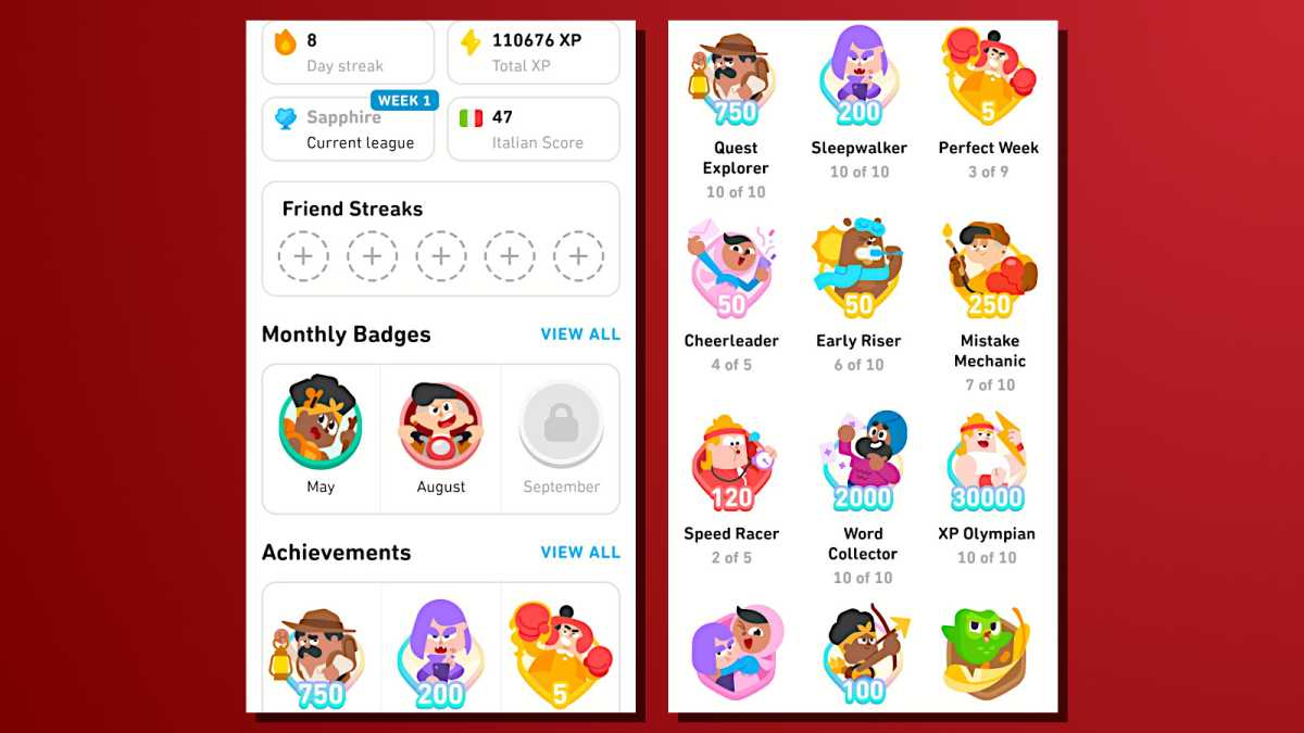 Duolingo screenshots achievements and history