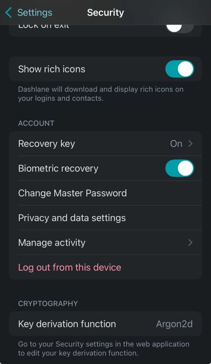 Dashlane Biometric recovery option in iOS