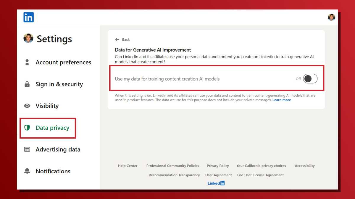 LinkedIn settings screenshot Data for Generative AI Improvement disable