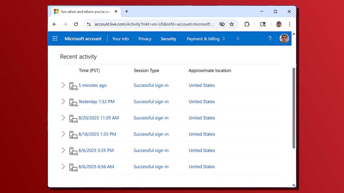 Microsoft Account settings device access history screenshot