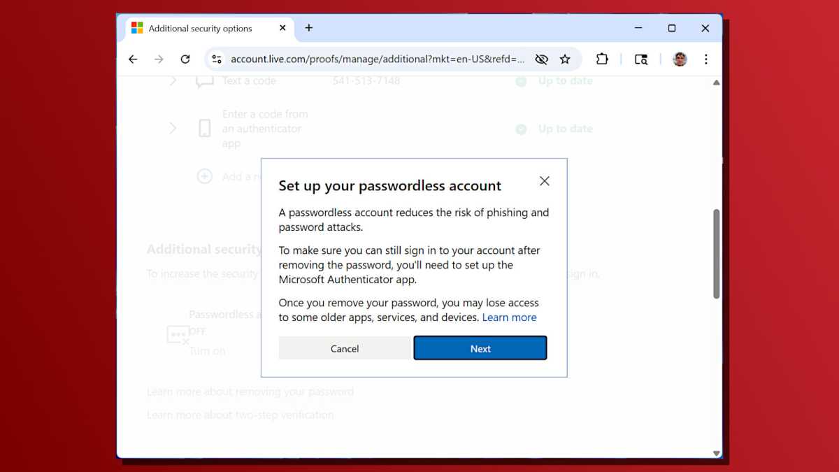 Microsoft Account settings passwordless screenshot