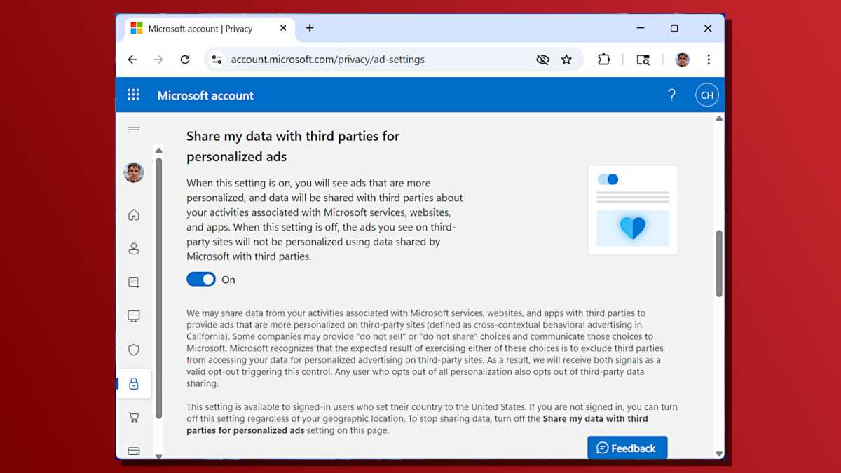 Microsoft Account settings personalized ads and third-party data sharing screenshot
