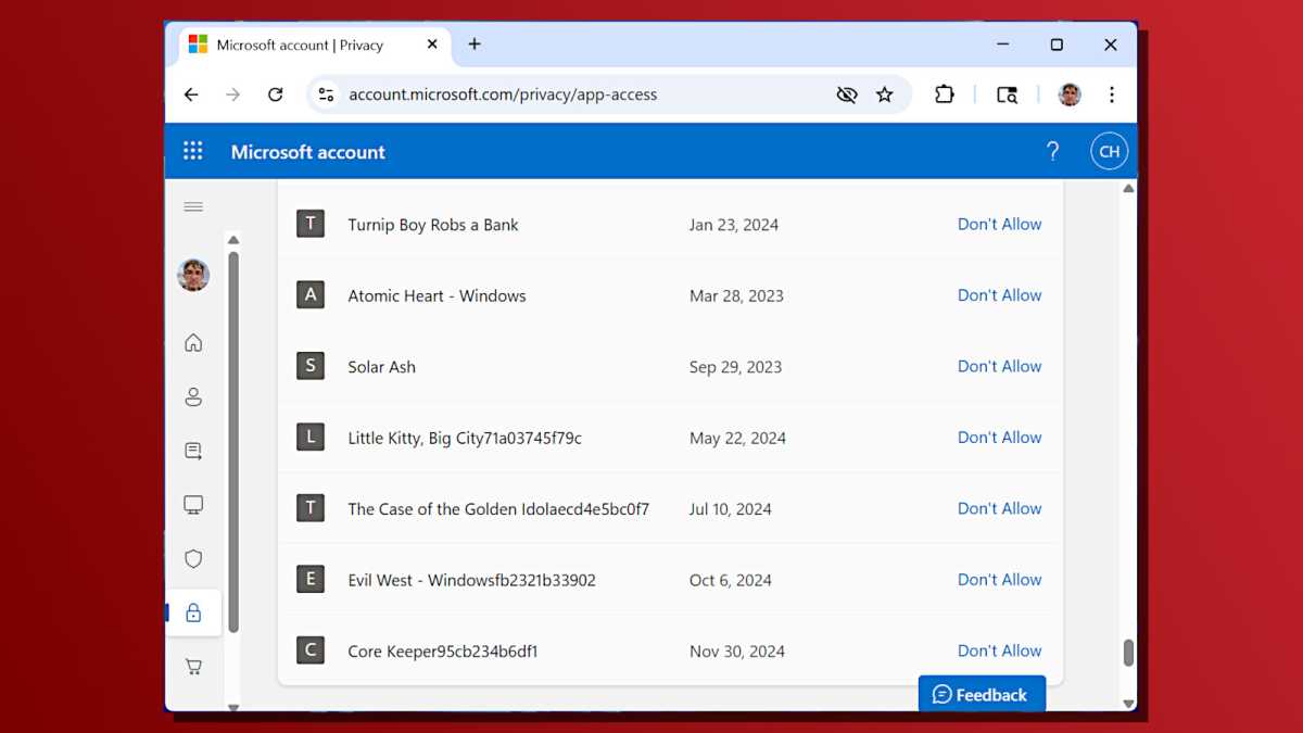 Microsoft Account settings which apps have access screenshot