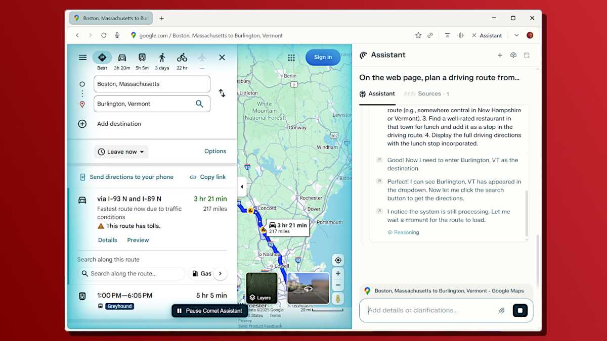 Perplexity Comet AI browser using Google Maps