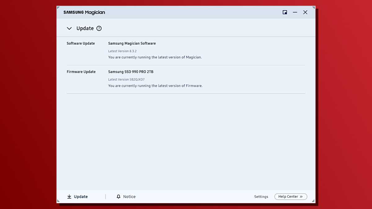 Samsung Magician SSD firmware update check screenshot
