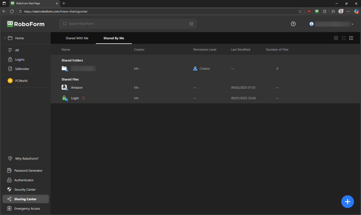 RoboForm browser extension - Sharing Center (Sep 2025)