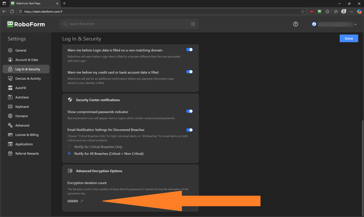 RoboForm browser extension - Encryption iteration count (Sep 2025)