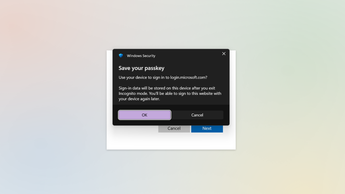 Creating a passkey for Microsoft account - initial window